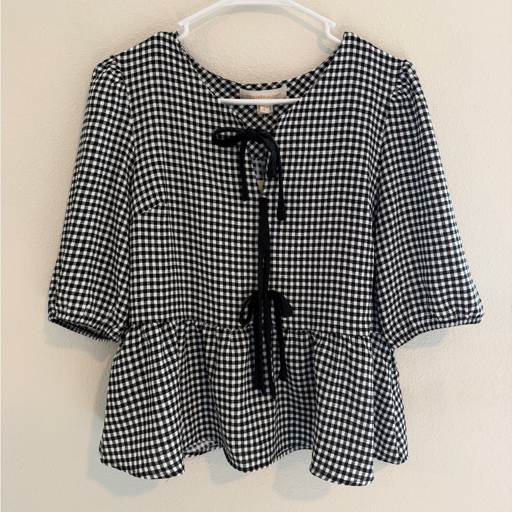 Monteau Black and White Checkered Peplum Blouse